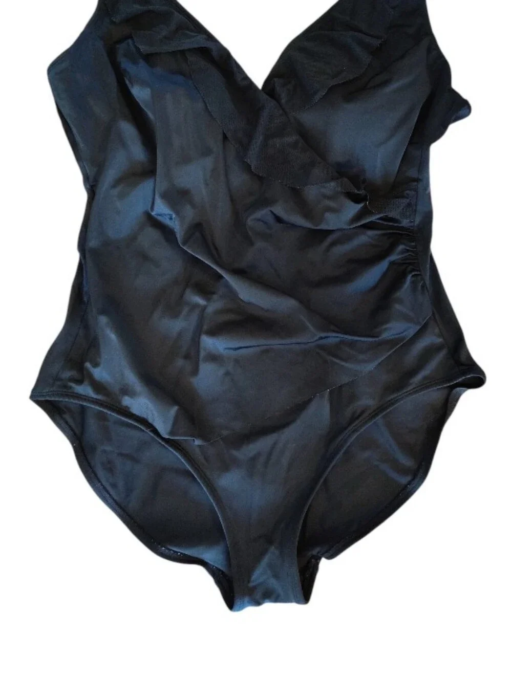 Great‎ Lengths Black Ruffled VNeck Wrap One Piece Tank Swimsuit SZ 16 Plus